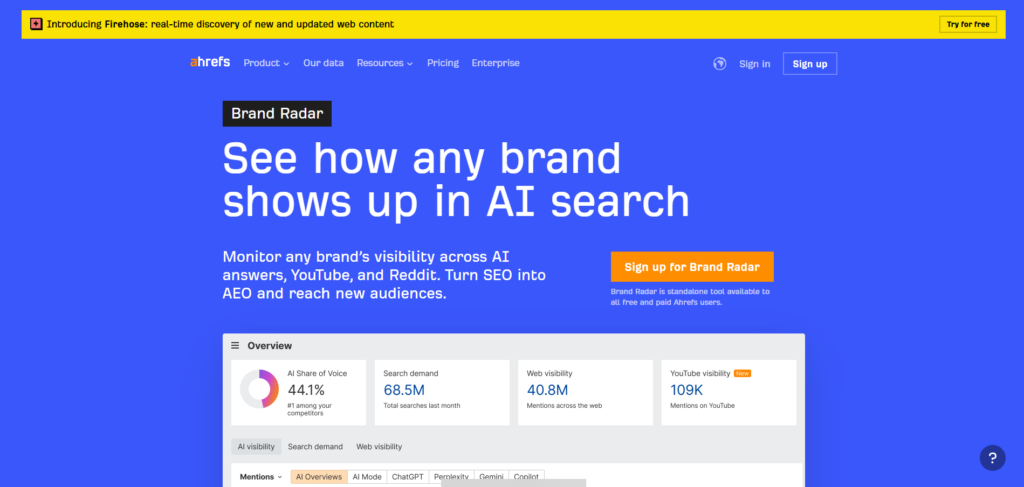 Blue hero banner with the headline 'See how any brand shows up in AI search,' a 'Brand Radar' badge, and an orange Sign up button beside the text area.