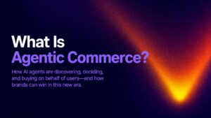 Illustration of AI agents interacting with online shopping elements representing agentic commerce in ecommerce.
