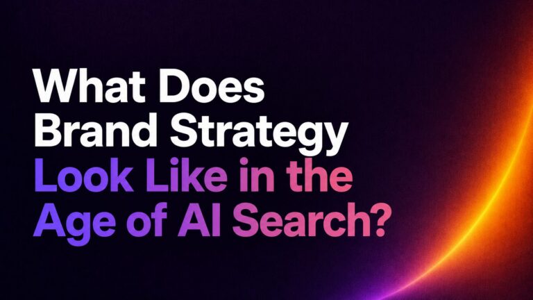 Brand strategy in the age of AI is no longer only about identity | Nonofo Joel Poster-style banner: white and purple text on a dark gradient background reading 'What Does Brand Strategy Look Like in the Age of AI Search?' with an orange curved glow on the right edge.