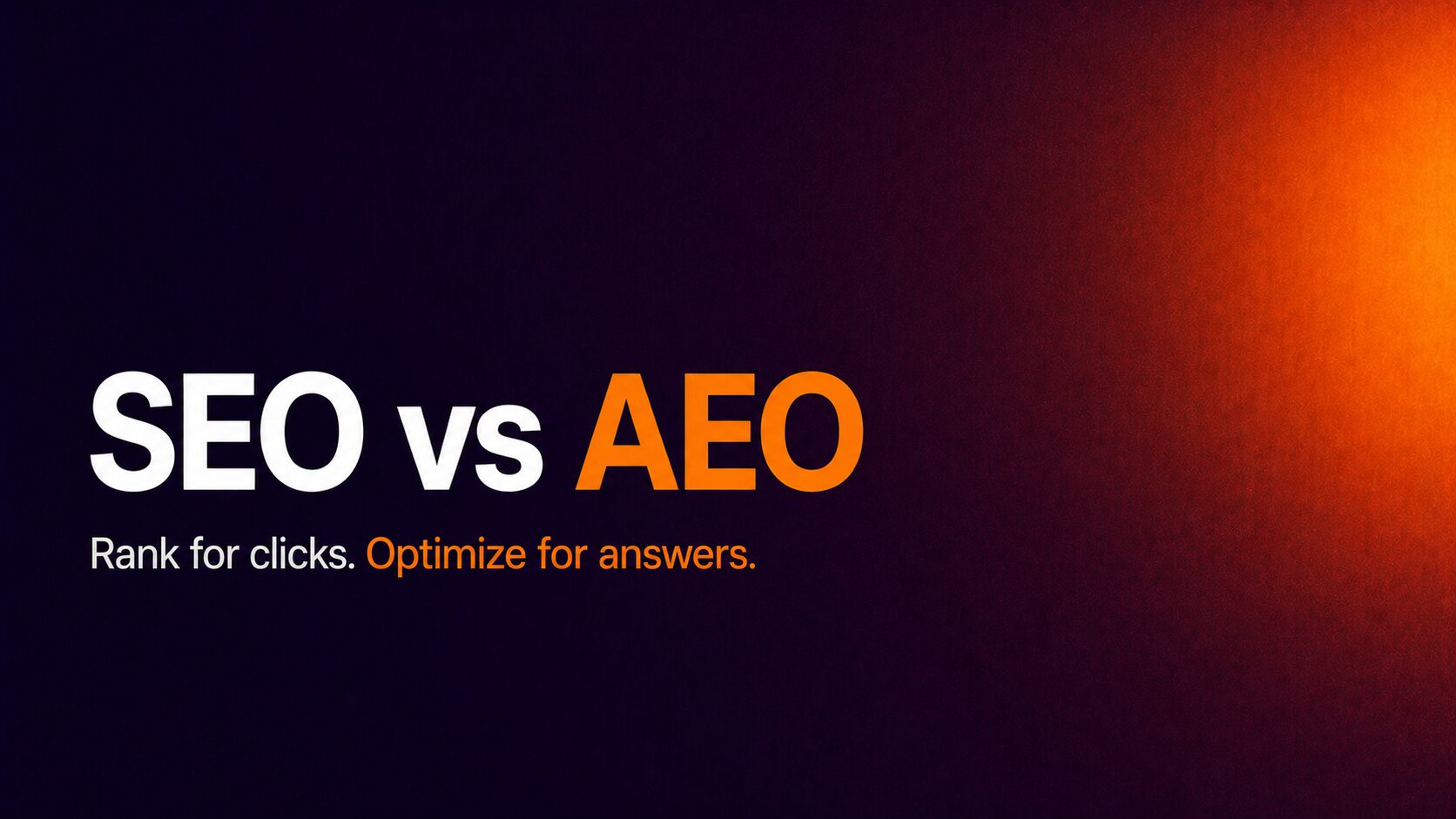 Banner: text reads 'SEO vs AEO' with orange 'AEO' on a dark gradient background; subtitle: 'Rank for clicks. Optimize for answers.'