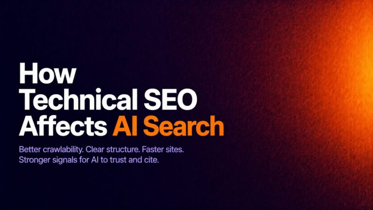 Hero banner: 'How Technical SEO Affects AI Search' with orange 'AI Search' on a dark purple-to-orange gradient background