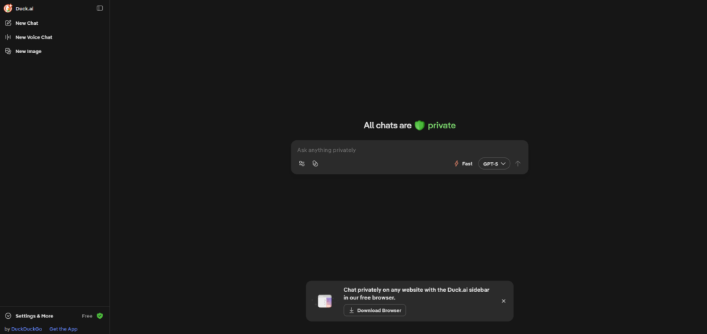 Dark Duck.ai chat interface with a left navigation rail and a central area showing 'All chats are private' and a rounded chat input box.