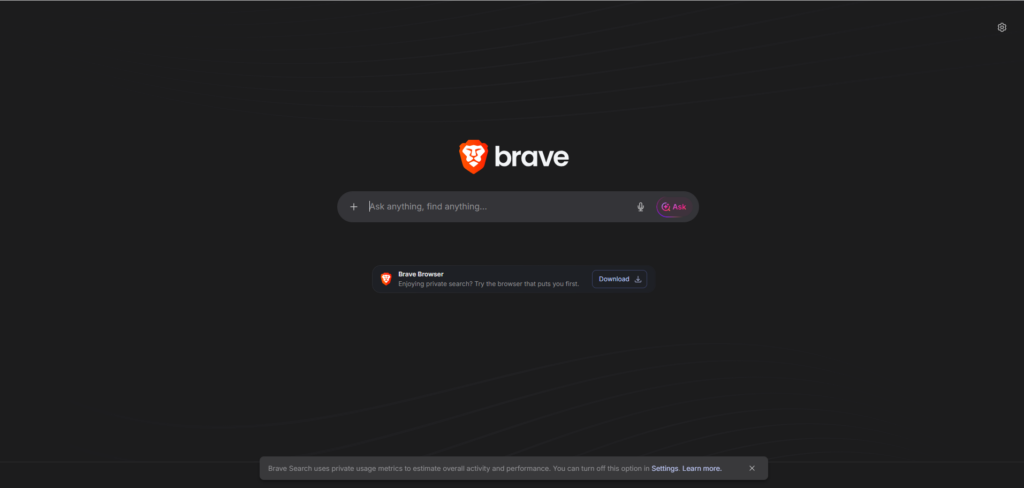 Brave logo centered with a dark background and a rounded search bar reading 'Ask anything, find anything...'.