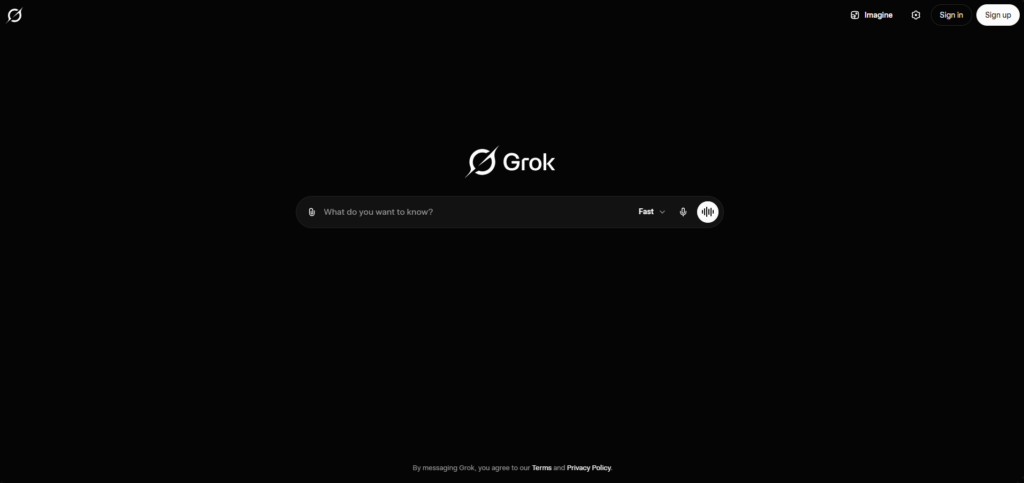 Grok dark homepage hero with centered logo and a rounded search bar beneath it on a black background, top-right Sign in/Sign up options visible.
