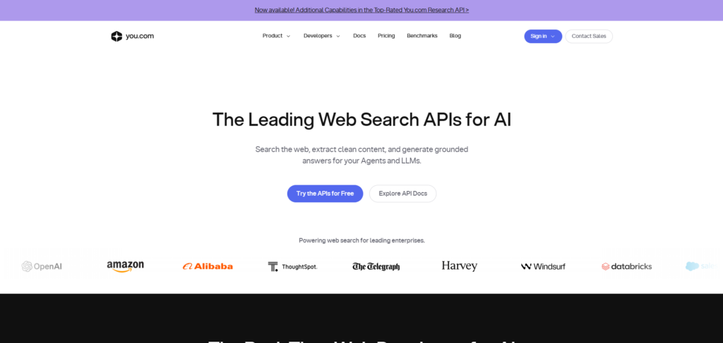 Hero section of you.com: purple top ribbon, logo and navigation, large heading “The Leading Web Search APIs for AI”, subtitle text, two call-to-action buttons, and a row of partner logos (OpenAI, Amazon, Alibaba, ThoughtSpot, The Telegraph, Harvey, Windsurf, Databricks, Salesforce).