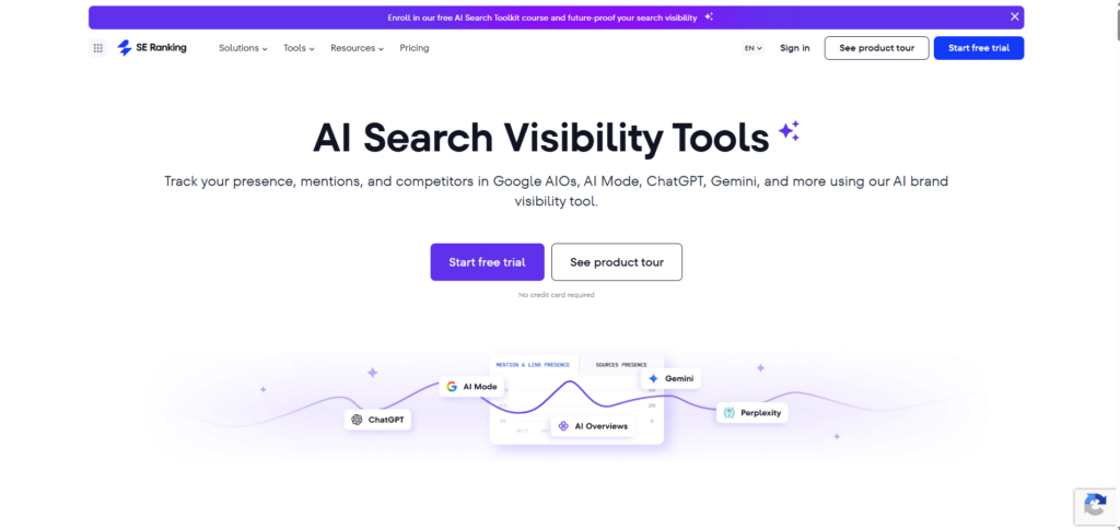 Hero header for AI Search Visibility Tools: large title 'AI Search Visibility Tools' with two CTAs 'Start free trial' and 'See product tour' underneath, banner navigation above.