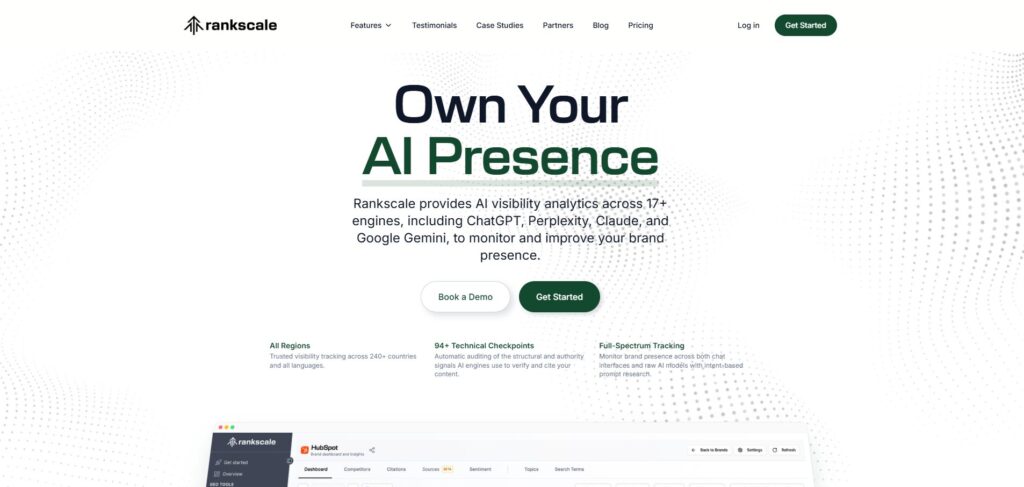 Rankscale hero banner: 'Own Your AI Presence' with description about AI visibility analytics and demo/get started buttons