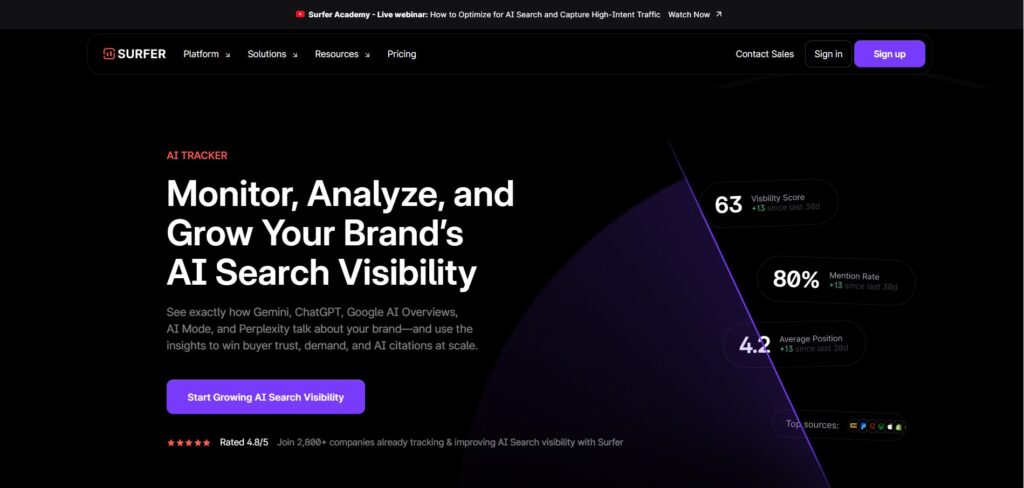 Hero section for Surfer AI: bold headline about monitoring and growing brand AI search visibility, with purple diagonal graphic and a purple CTA button labeled 'Start Growing AI Search Visibility'.