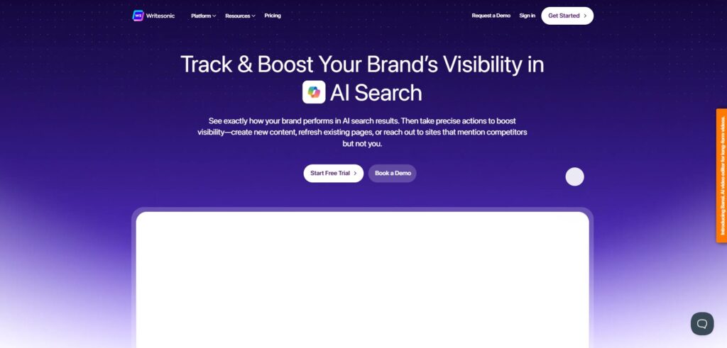 Hero section: Heading about tracking and boosting brand visibility in AI search with two call-to-action buttons (Start Free Trial, Book a Demo) and a gradient night-sky background.