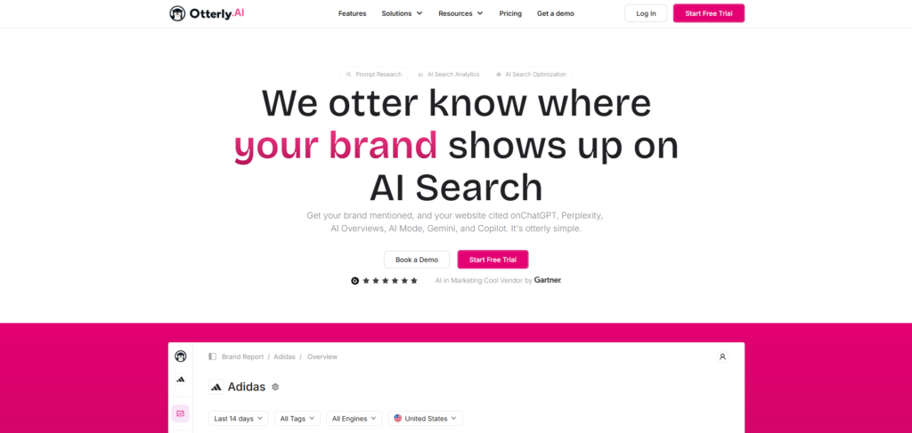 Hero section for Otterly AI: large headline about brand visibility on AI search, with pink emphasis on 'your brand' and CTAs below