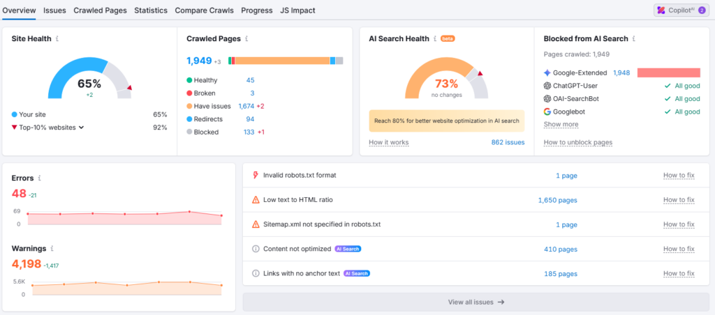 Dashboard showing site health, crawl stats, AI search health, and page errors/warnings for a website audit tool.