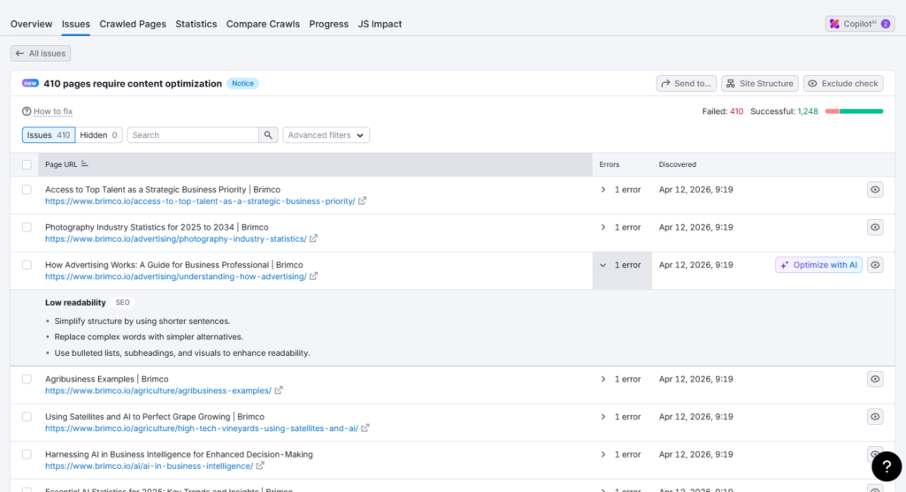 Dashboard showing 410 pages needing content optimization with a list of URLs and errors found on each page.
