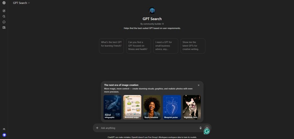 Dark GPT Search landing page with four rounded prompt buttons and a user avatar at the top center, promoting GPT discovery.