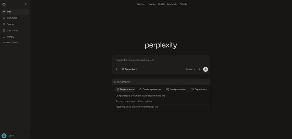 Dark Perplexity AI home screen with centered logo and a rounded search bar for connectors and sources.
