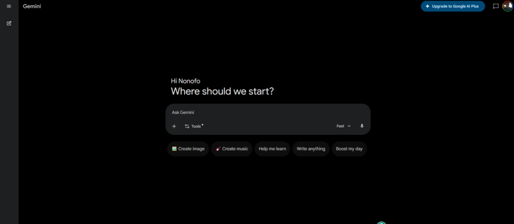 Welcome screen of Gemini AI with the greeting 'Hi' and the prompt 'Where should we start?', a rounded 'Ask Gemini' search/input bar, and five quick-action pills: Create image, Create music, Help me learn, Write anything, Boost my day.