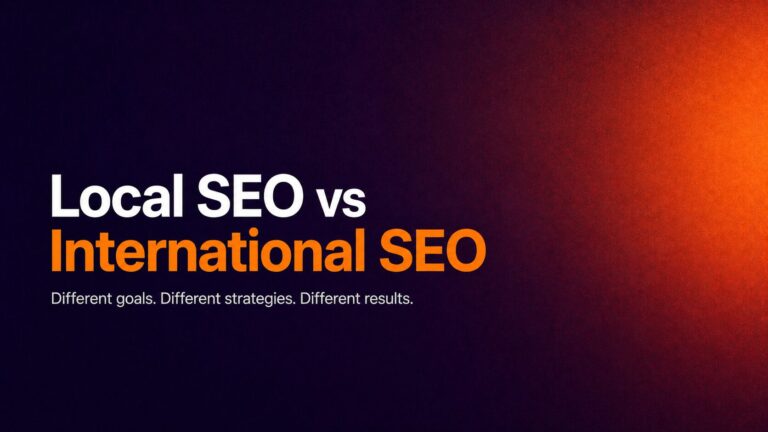 Graphic with the text 'Local SEO vs International SEO' and a subtitle on a dark gradient background, comparing SEO approaches.