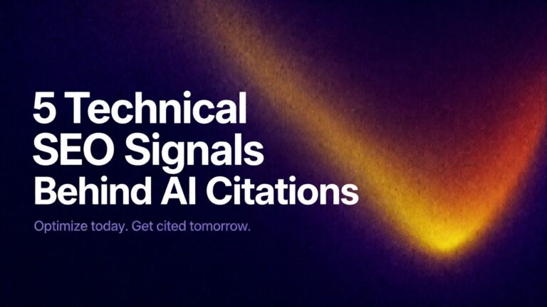Hero banner: headline '5 Technical SEO Signals Behind AI Citations' with subtitle 'Optimize today. Get cited tomorrow.' on a dark purple gradient background with an orange glow.