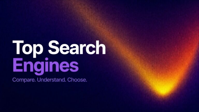 Hero banner: 'Top Search Engines' with subtitle 'Compare. Understand. Choose.' on a dark purple gradient background