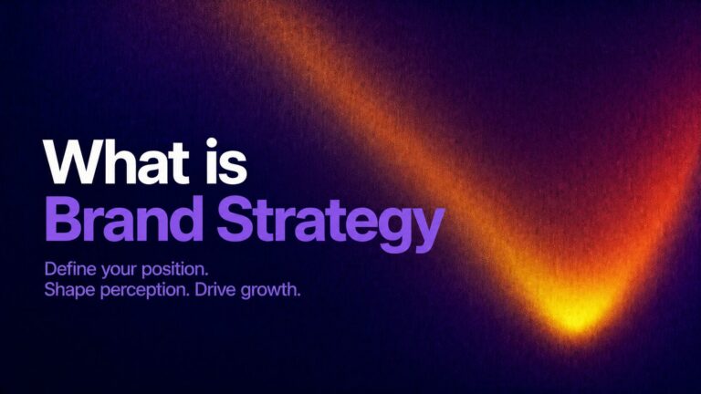 Brand strategy banner with bold white 'What is' and purple 'Brand Strategy' on a dark blue background with an orange glow; tagline says 'Define your position. Shape perception. Drive growth.'