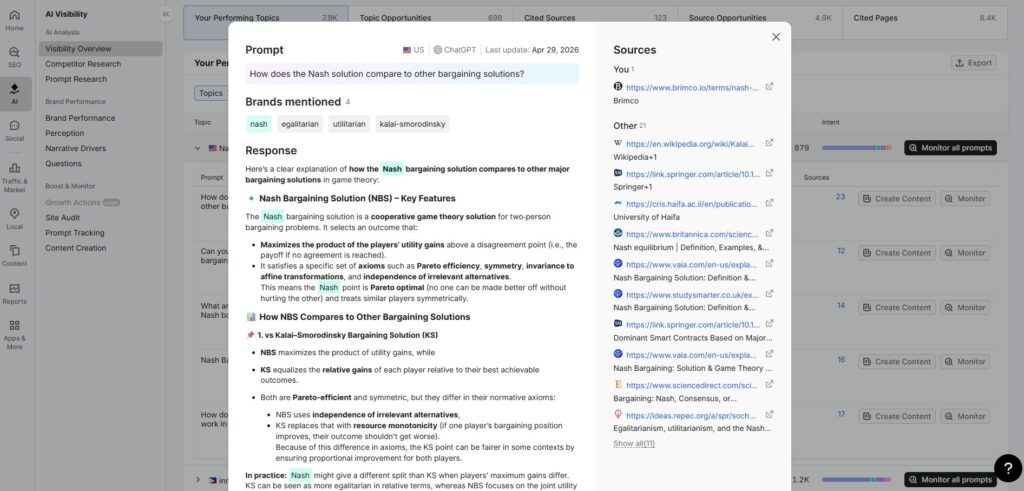 image | Nonofo Joel Screenshot of a web app with a Prompt panel about the Nash bargaining solution and a Sources sidebar on the right.