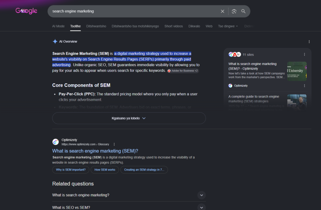 image | Nonofo Joel Dark-mode Google search results page about search engine marketing (SEM), with highlighted SEM definition and a related-articles side panel.