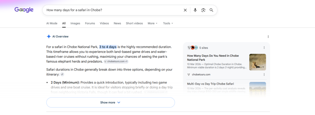 Screenshot of a Google search results page about a safari in Chobe National Park, showing the AI Overview panel and a right-hand results card.