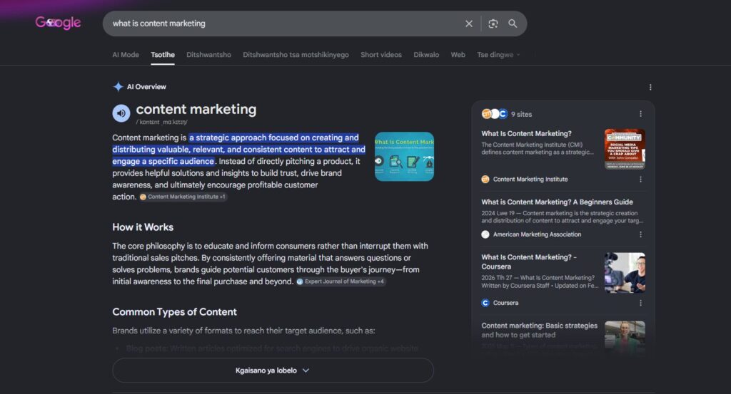 image | Nonofo Joel Dark web interface showing an AI overview for 'content marketing' with highlighted text and a right-hand related-sites panel