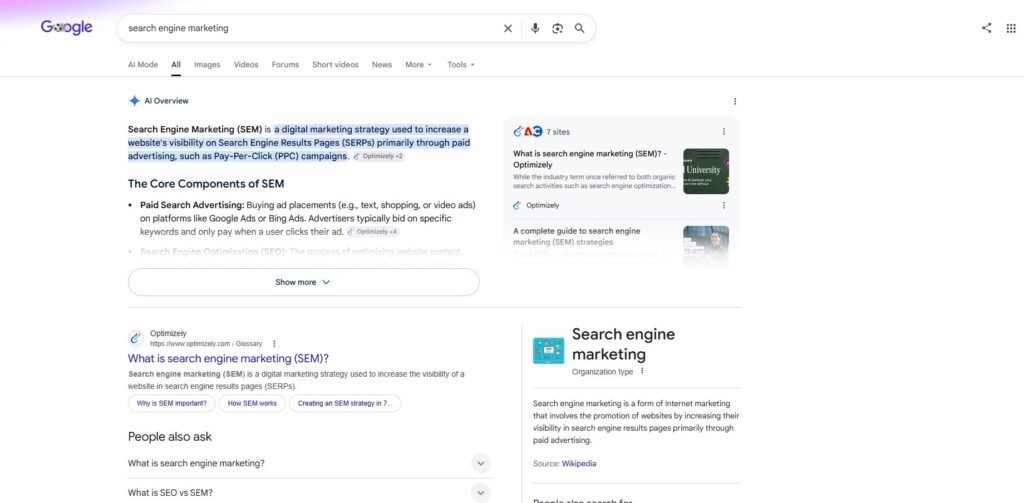 Google search results page for 'search engine marketing' showing an AI Overview panel and a right-hand related results card with SEM terms.