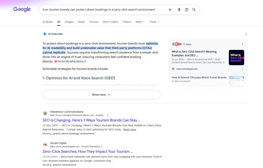 Screenshot of a Google search results page showing the query 'how tourism brands can protect direct bookings in a zero-click search environment' with AI Overview panel and a right-side info card.