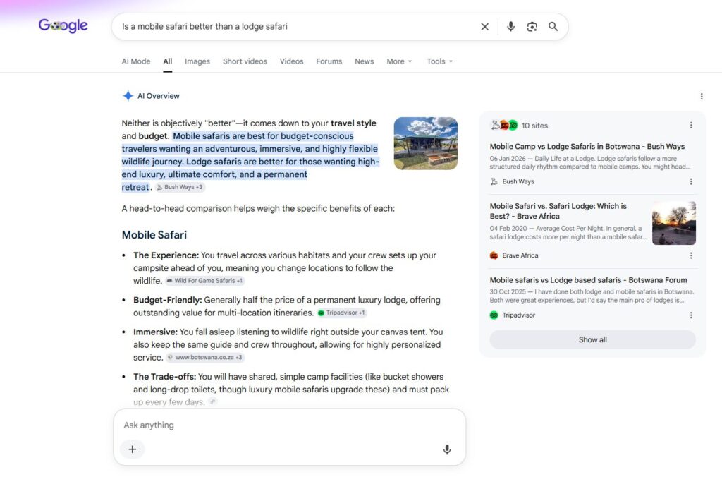 image | Nonofo Joel Screenshot of Google search results for 'Is a mobile safari better than a lodge safari' with AI Overview panel.